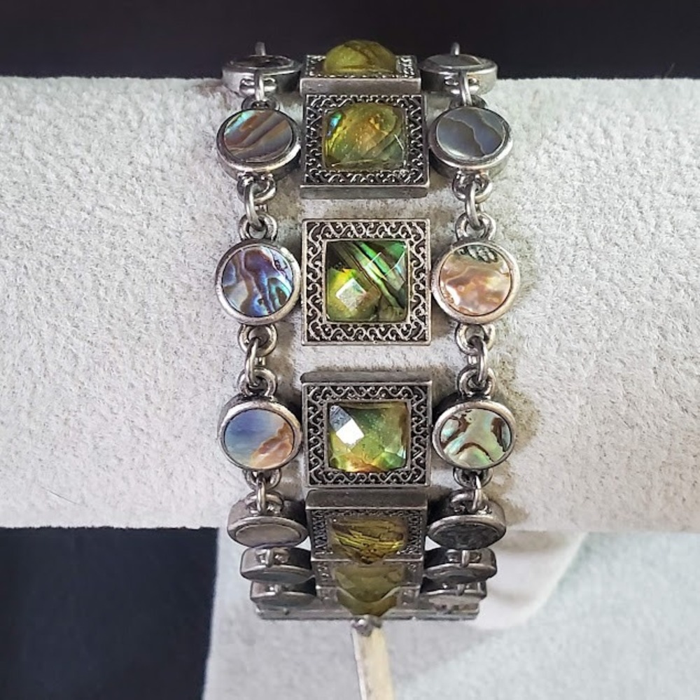 Lia Sophia Abalone Shell Silver Tone Multi Strand Toggle Bracelet Boho Filigree - Picture 3 of 9